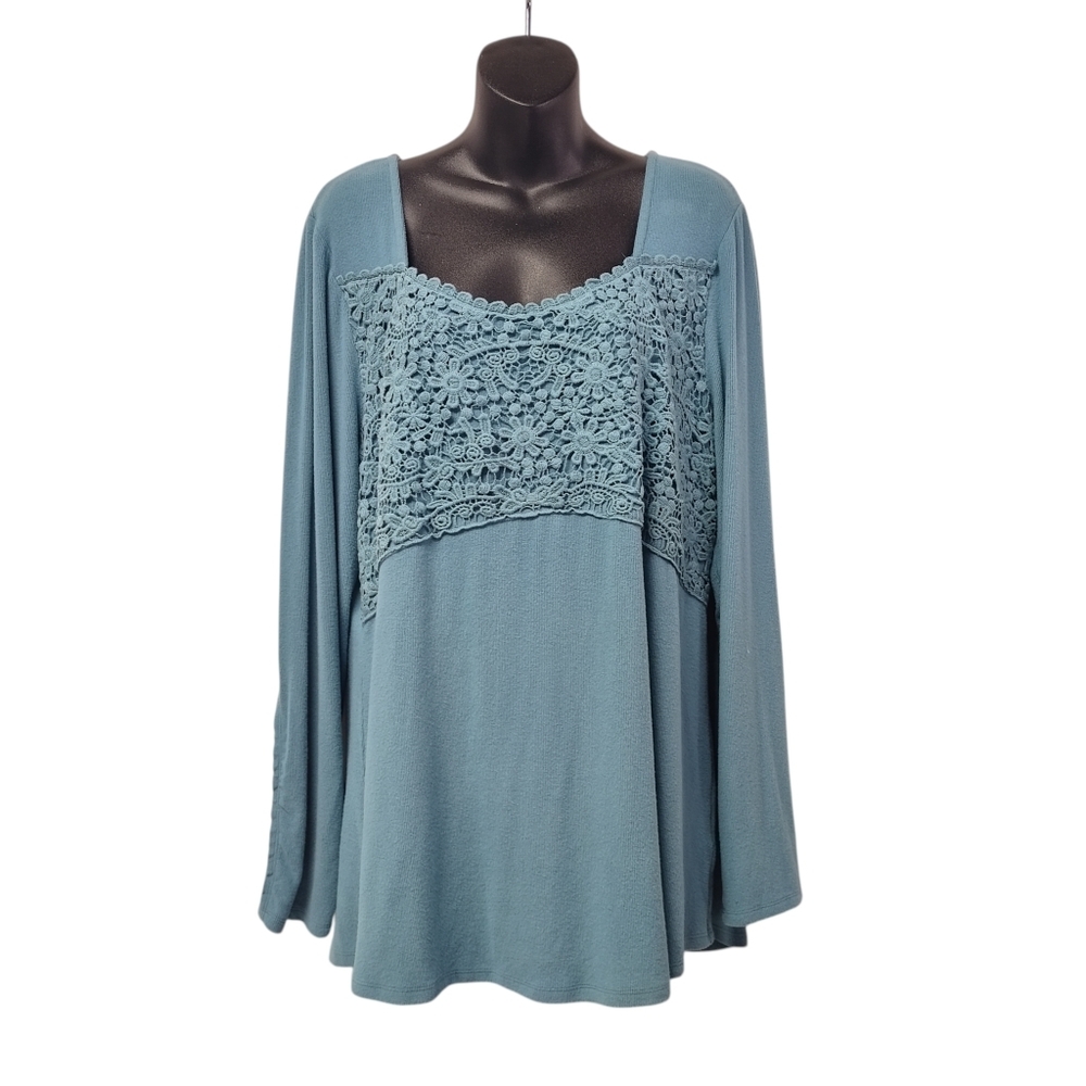 Davi & Dani Women's 2XL Green Long Sleeve Floral Lace Yoke Square Neck Sweater - Picture 2 of 9